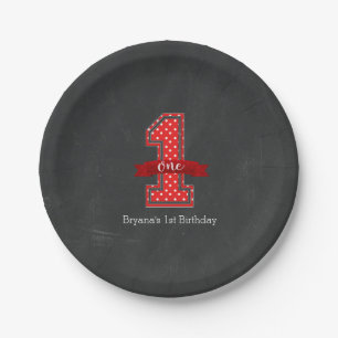Rood & Wit Stippen 1 Eén 1e Verjaardagsfeestje Papieren Bordje