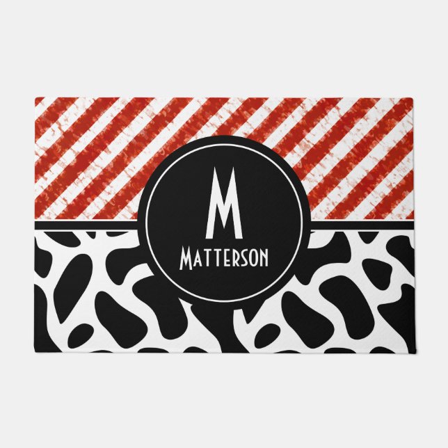 Rood wit Stripe Black Monogram zwart Deurmat (Voorkant)