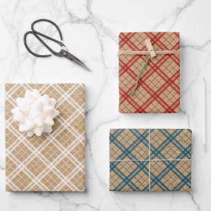 Rood Wit Teal Blauw Gingham Op Kleurrijke Kraft Inpakpapier Vel