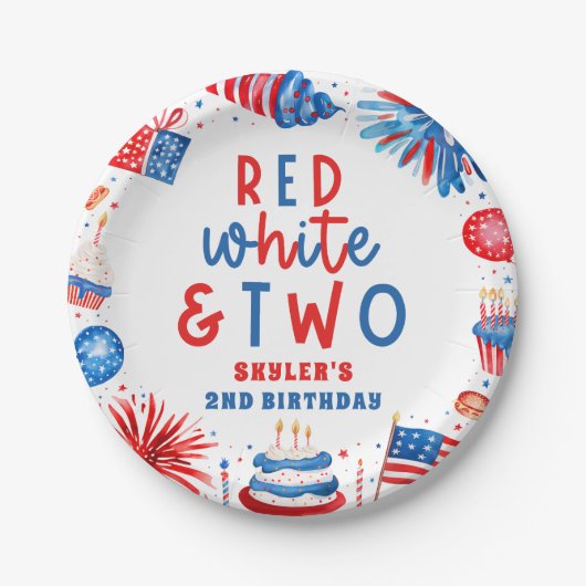Rood, Wit & Twee 4 juli 2 Verjaardagsfeest Papieren Bordje (Voorkant)
