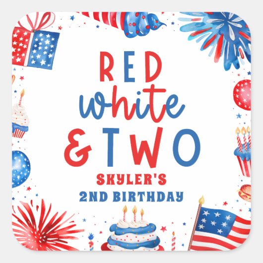 Rood, Wit & Twee 4 juli 2 Verjaardagsfeest Vierkante Sticker (Voorkant)