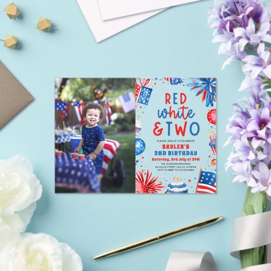 Rood, Wit & Twee 4th Juli 2nd Foto Verjaardagsfees Acryl Uitnodigingen (Insitu (Huwelijk))