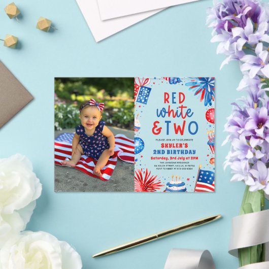 Rood, Wit & Twee 4th Juli 2nd Foto Verjaardagsfees Acryl Uitnodigingen (Insitu (Huwelijk))