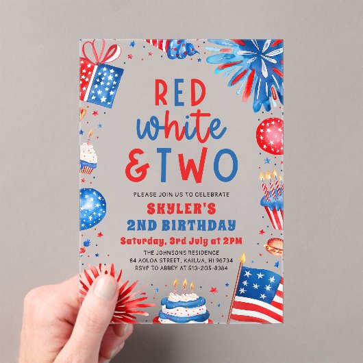 Rood, Wit & Twee 4th Juli 2nd Verjaardagsfeest Acryl Uitnodigingen (Insitu (Draagbaar))