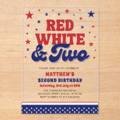 Rood, Wit & Twee 4th Juli 2nd Verjaardagsfeest Acryl Uitnodigingen (Voorkant)