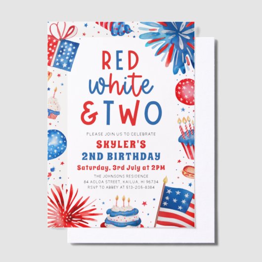 Rood, Wit & Twee 4th Juli 2nd Verjaardagsfeest Vellum Uitnodigingen (Offset)