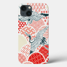  Rood Wit Vogel Japans Kimono Floral iPhone 13 Hoesje