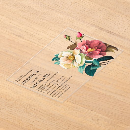 Rood Wit Waterverf Bloemenbruiloft Acryl Uitnodigingen (Laagn)