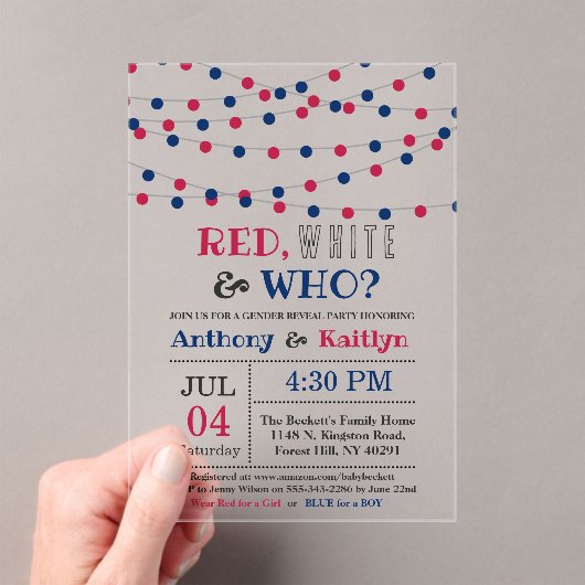 Rood, Wit & Wie? 4 juli Geslacht onthullen Partij Acryl Uitnodigingen (Insitu (Draagbaar))