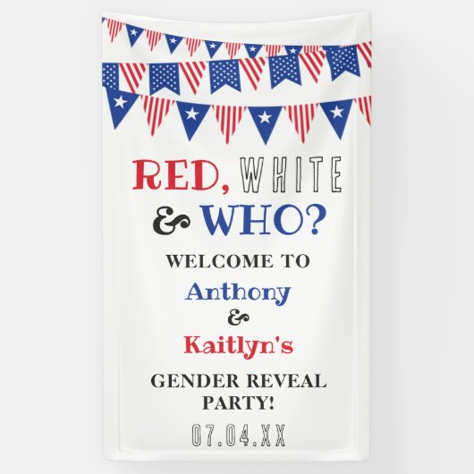 Rood, Wit & Wie? 4 juli Geslacht onthullen Partij Spandoek (Verticaal)