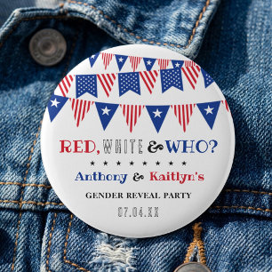 Rood, Wit & Wie? 4 juli geslacht onthulling feest Ronde Button 5,7 Cm