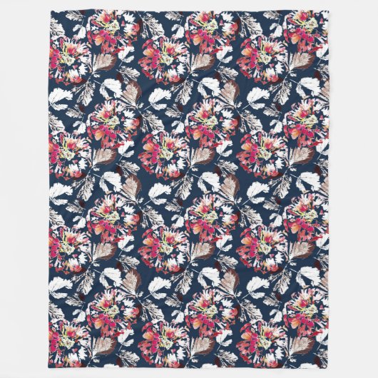 Rood, witte bloemen op blauw. fleece deken (Voorkant)