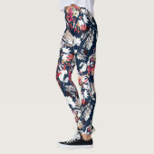 Rood, witte bloemen op blauw. leggings (Links)