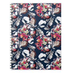 Rood, witte bloemen op blauw. notitieboek