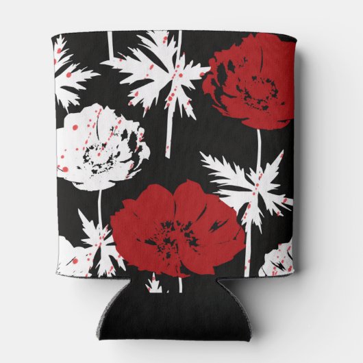 Rood, witte bloemen op zwart blikjeskoeler (Achterkant)