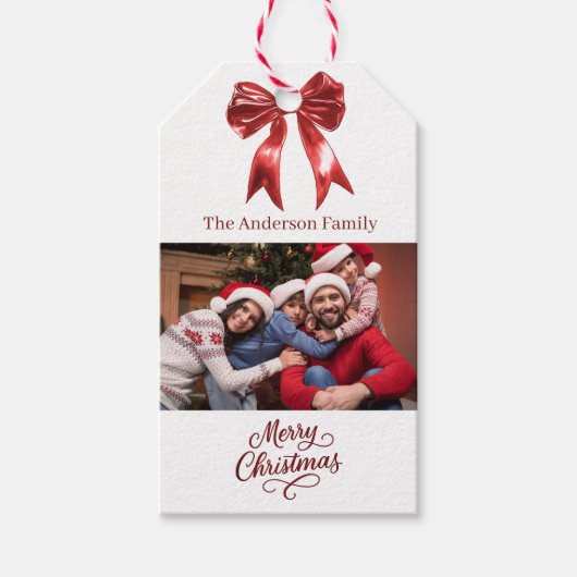 Rood witte boog foto script Kerstmis Cadeaulabel (Voorkant)