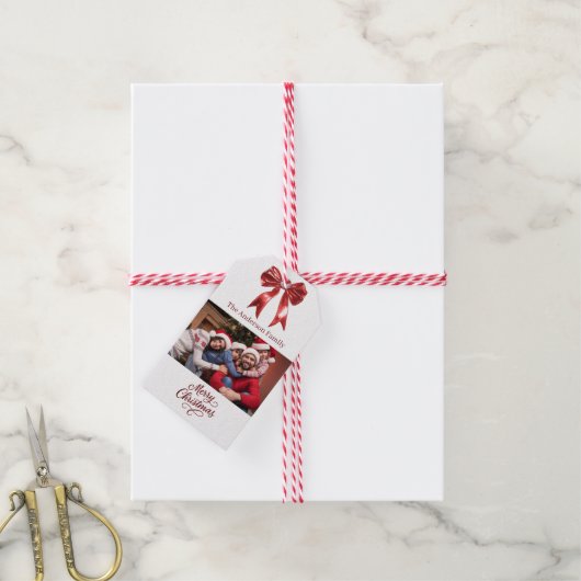 Rood witte boog foto script Kerstmis Cadeaulabel (Met Touw)