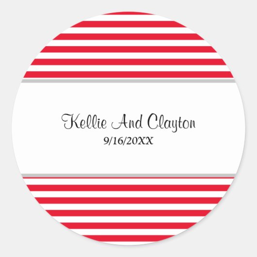 Rood/Witte Strepen Trouwfeest Ronde Sticker (Voorkant)