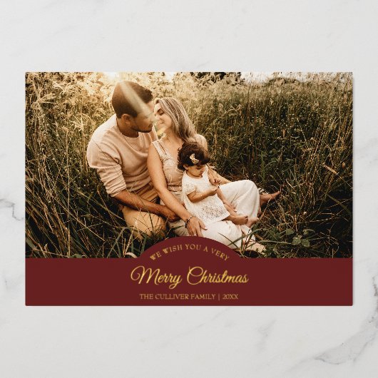 Rood Zeer Vrolijk Kerstmis Vier Foto Horizontaal Folie Feestdagenkaart (Voorkant)
