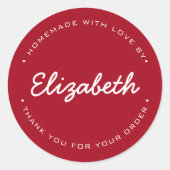 Rood Zelfgemaakt met Liefde Dank u Gepersonaliseer Ronde Sticker (Voorkant)