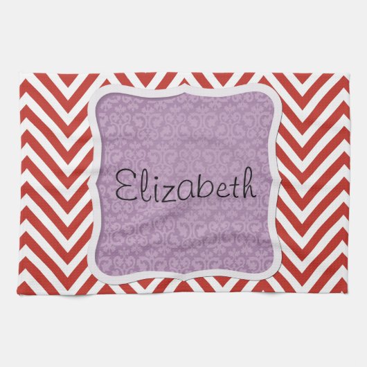 Rood zigzag, rode Chevron, zigzagpatroon, Jouw naa Theedoek (Horizontaal)