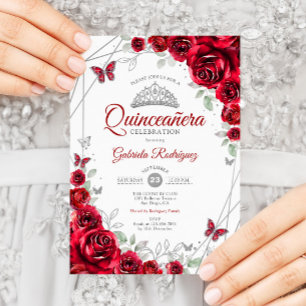 Rood Zilver Bloemen Quinceanera Kaart