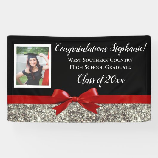 Rood Zilver Glitter Foto Afstuderen Banner Sign (Horizontaal)