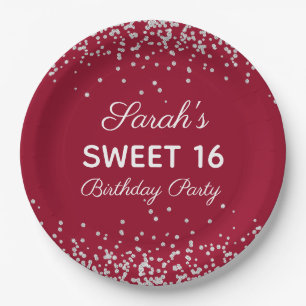 Rood Zilver Glitter Sweet 16 Verjaardagsfeestje Papieren Bordje