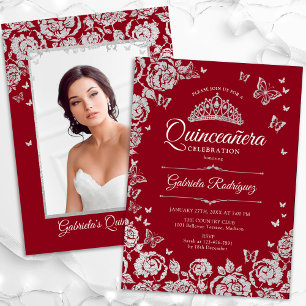 Rood Zilver Rozen Vlinders Quinceanera Foto Kaart