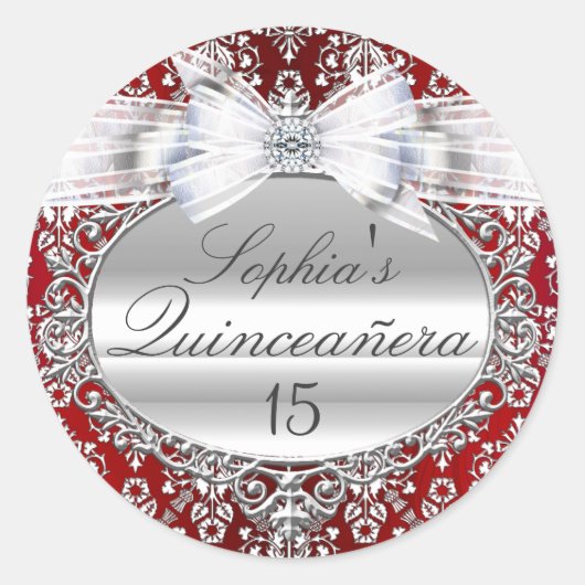Rood & Zilveren Bow Quinceanera Sticker (Voorkant)