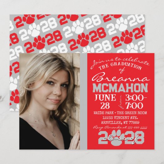Rood & Zilvergrijs Paw Print Afstuderen Foto Kaart (Voorkant / Achterkant)