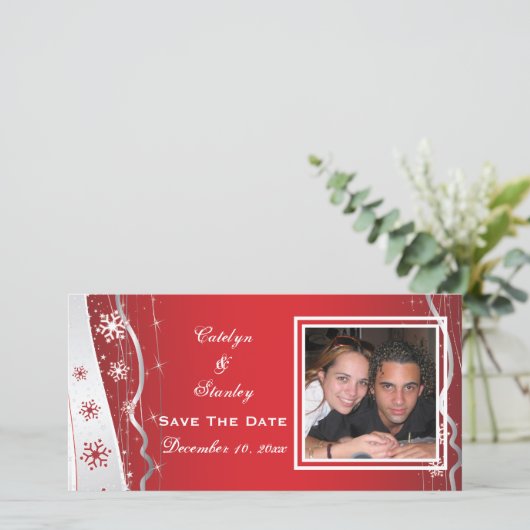 Rood, zilvergrijs sneeuwvlok bruiloft Save the Dat Save The Date (Staand voorkant)