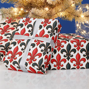 Rood Zwart Barok Fleur-de-lis Patroon Design Cadeaupapier