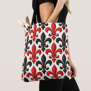 Rood Zwart Barok Fleur-de-lis Patroon Design Draagtas