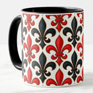Rood Zwart Barok Fleur-de-lis Patroon Design Mok
