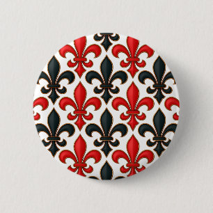 Rood Zwart Barok Fleur-de-lis Patroon Design Ronde Button 5,7 Cm