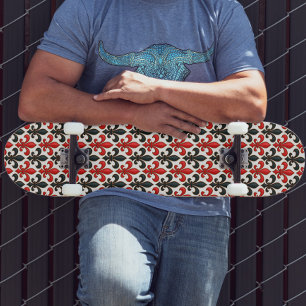 Rood Zwart Barok Fleur-de-lis Patroon Design Skateboard