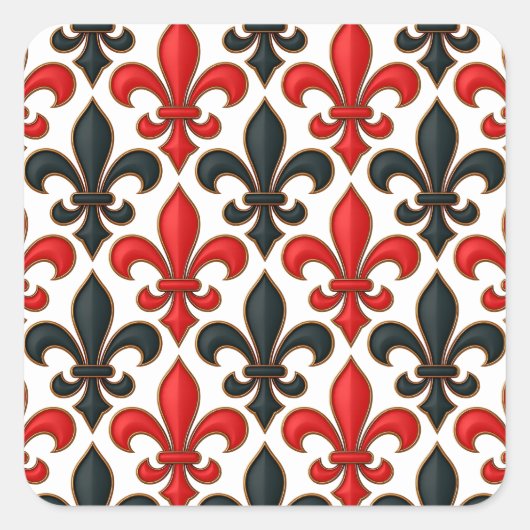Rood Zwart Barok Fleur-de-lis Patroon Design Vierkante Sticker (Voorkant)