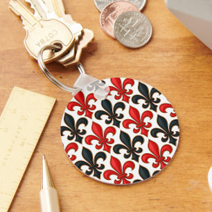 Rood Zwart Barok Fleur-de-lis Patroon Ontwerp Sleutelhanger