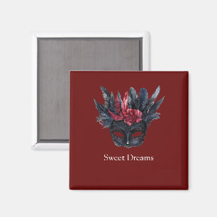 Rood Zwart Bloemend Masker met Veren Magneet