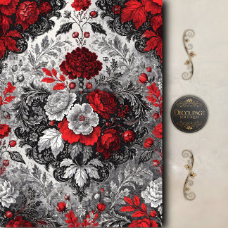 Rood Zwart Bloemendamask Decoupage Tissuepapier