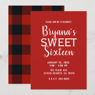 Rood & Zwart Buffalo geruit Sweet 16 verjaardagsfe Kaart