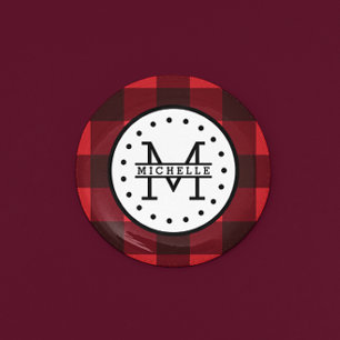 Rood zwart Buffalo Pset Lumberjack Name Monogram Ronde Button 3,2 Cm