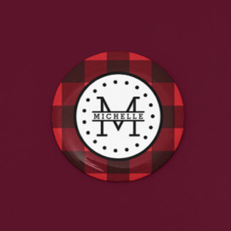 Rood zwart Buffalo Pset Lumberjack Name Monogram Ronde Button 3,2 Cm
