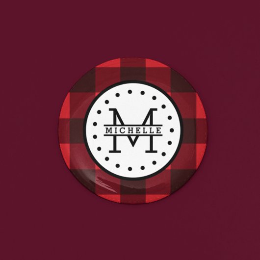 Rood zwart Buffalo Pset Lumberjack Name Monogram Ronde Button 3,2 Cm