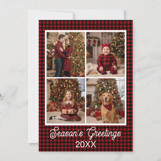 Rood & Zwart Buffel Plaid Aangepaste Naam en Tekst Feestdagenkaart (Voorkant)