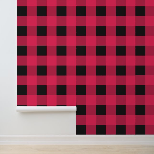 Rood Zwart Buffel Plaid Check Rustiek Patroon Behang (Applicatie)