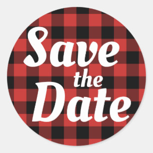 Rood Zwart Buffel Plaid Save the Date Ronde Sticker