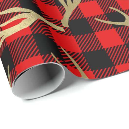 Rood & Zwart Buffelruitpatroon & Gouden Hertengewe Cadeaupapier (Rol Hoek)