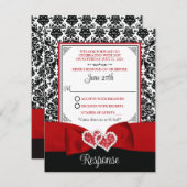 Rood, Zwart Damast Love Hearts RSVP-kaart Kaart (Voorkant / Achterkant)